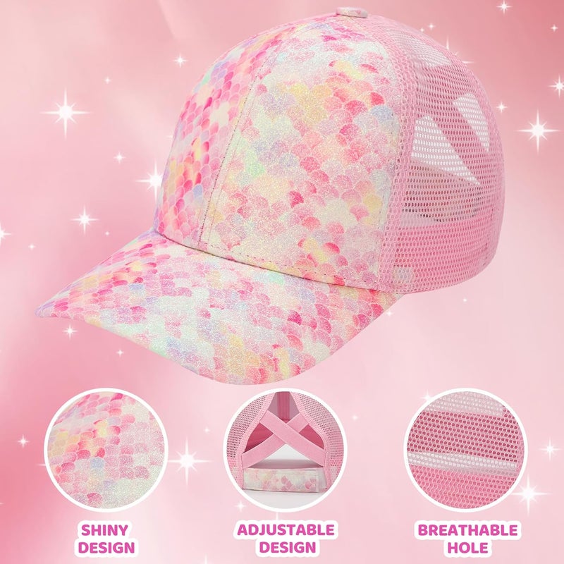 BROMZ Girls Glitter Baseball Cap Kids Ponytail Hat Adjustable Summer Mesh Trucker Hats for 4-12 Years - Image 3